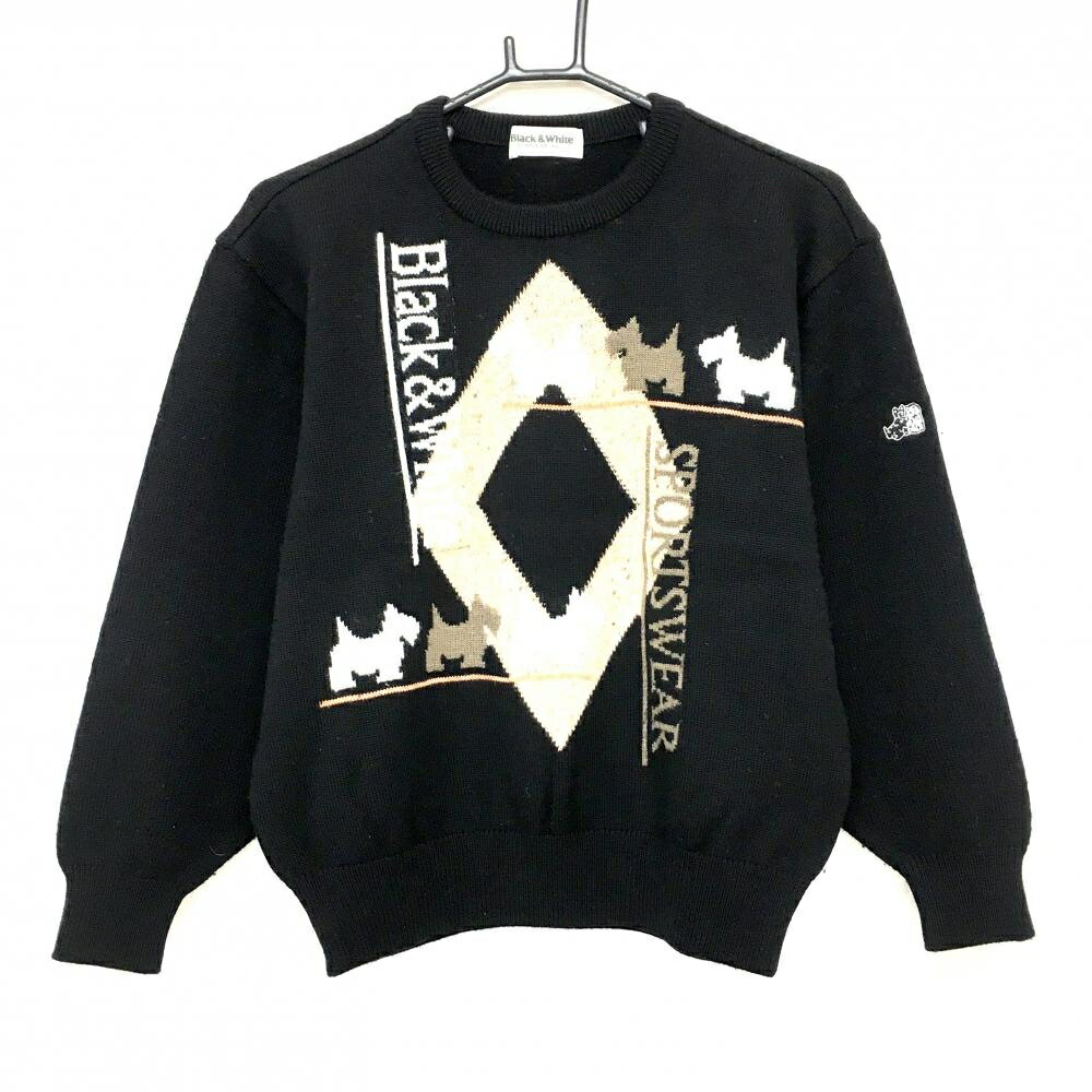 ブラックアンドホワイト セーター 黒×ベージュ フロントテリア柄 ウール混 レディース L ゴルフウェア Black＆White