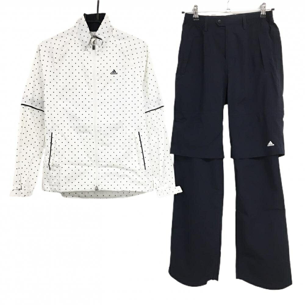 アディダス レインウェア(2WAYジャケット×パンツ) 白×ネイビー ドット 袖着脱可 レディース M/M ゴルフ..