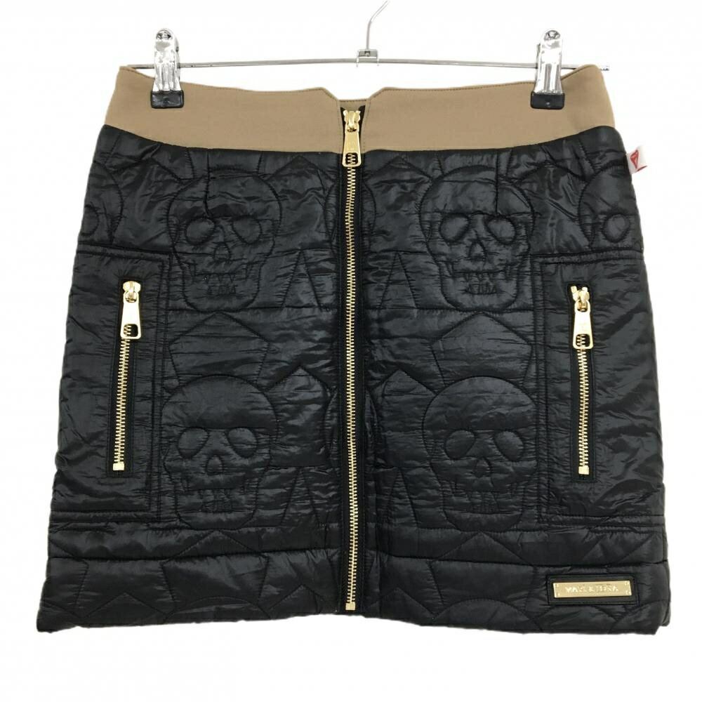 【美品】マークアンドロナ 中綿スカート 黒×ブラウン スカル×星柄キルティング 裏微起毛 レディース S ゴルフウェア MARK＆LONA