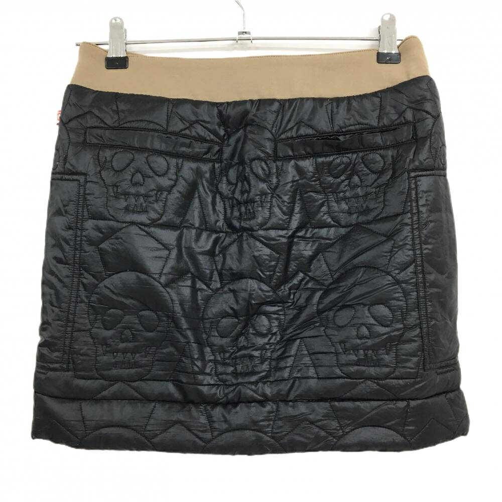 【美品】マークアンドロナ 中綿スカート 黒×ブラウン スカル×星柄キルティング 裏微起毛 レディース S ゴルフウェア MARK＆LONA