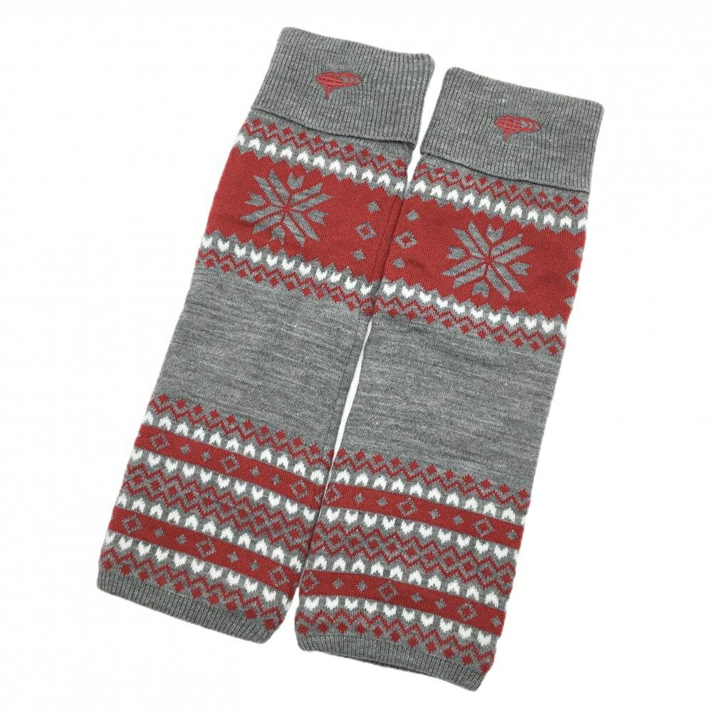 【超美品】ビームスゴルフ ニットレッグウォーマー グレー×レッド 総柄 裏フリース レディース ゴルフ..