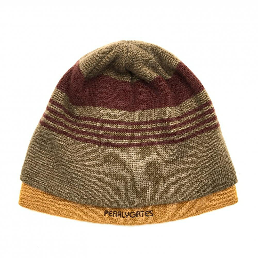 【美品】パーリーゲイツ ニット帽 ブラウン×オレンジ×ボルドー 一部ライン ウール混 レディース FR ゴルフウェア PEARLY GATES