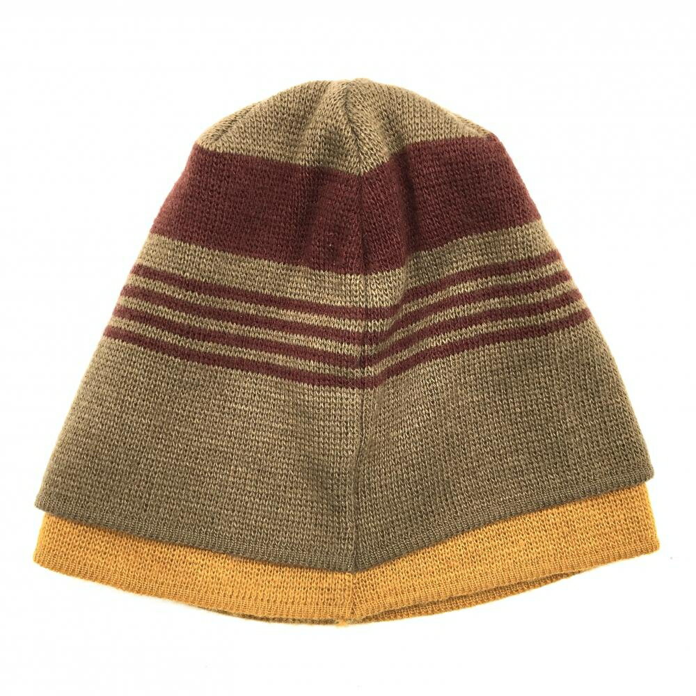 【美品】パーリーゲイツ ニット帽 ブラウン×オレンジ×ボルドー 一部ライン ウール混 レディース FR ゴルフウェア PEARLY GATES