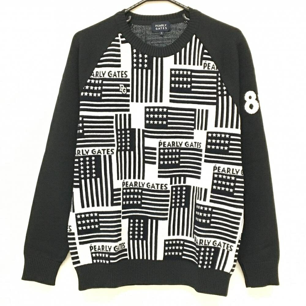 【超美品】パーリーゲイツ セーター 白×黒 身頃星条旗柄 ニット ウール混 メンズ 5(L) ゴルフウェア PE..