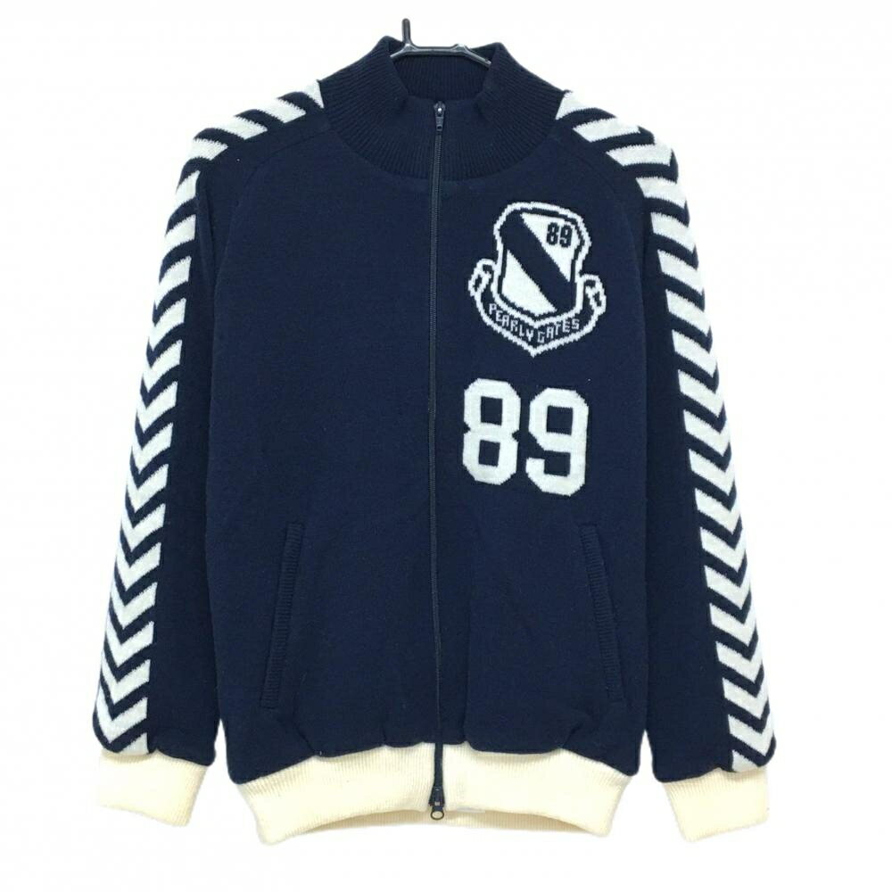 【美品】パーリーゲイツ ニットジャケット ネイビー×白 ウール混 裏地付き レディース 1(M) ゴルフウェア PEARLY GATES