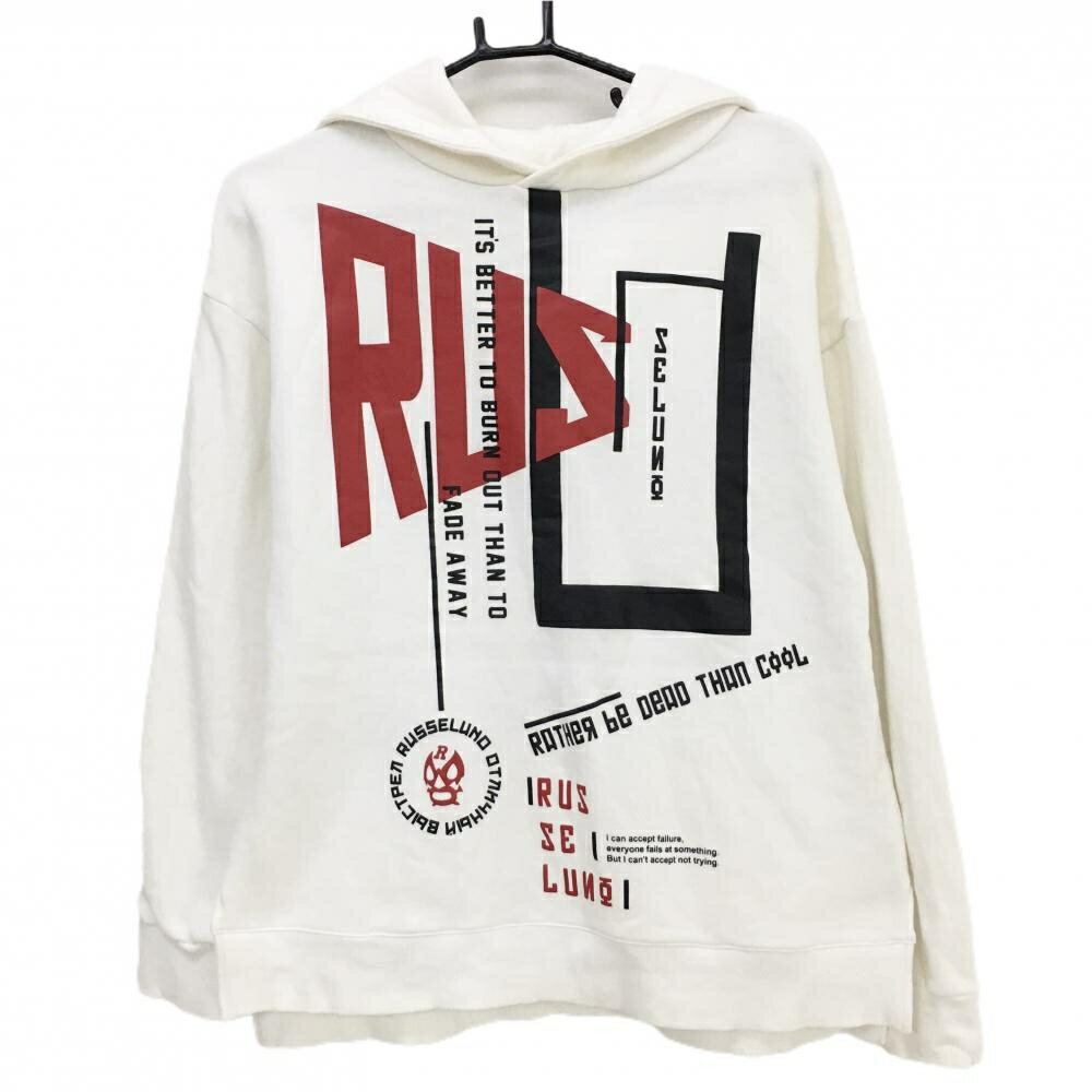 【超美品】ラッセルノ フード付トレーナー 白×黒 ルチャ 裏起毛 レディース 2(L) ゴルフウェア RUSSELUNO