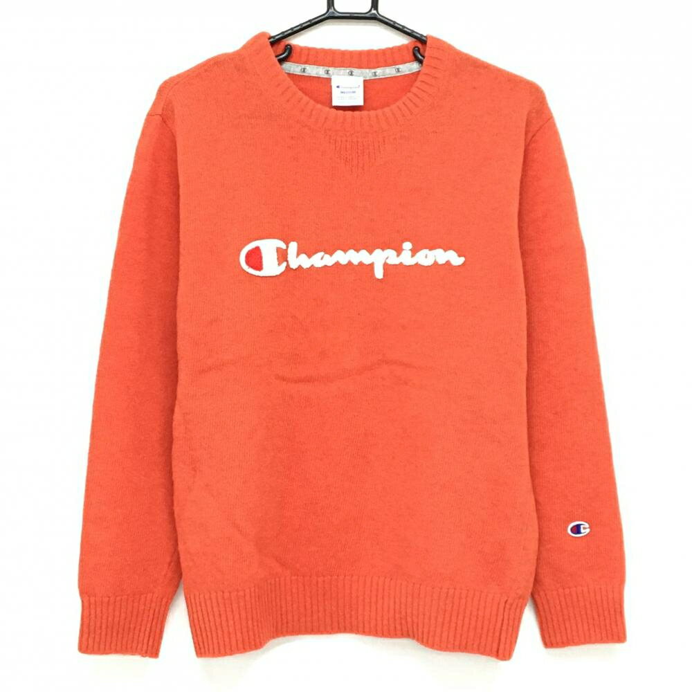 【美品】チャンピオン セーター オレンジ×白 パイル地ロゴ ニット メンズ MEDIUM ゴルフウェア Champion