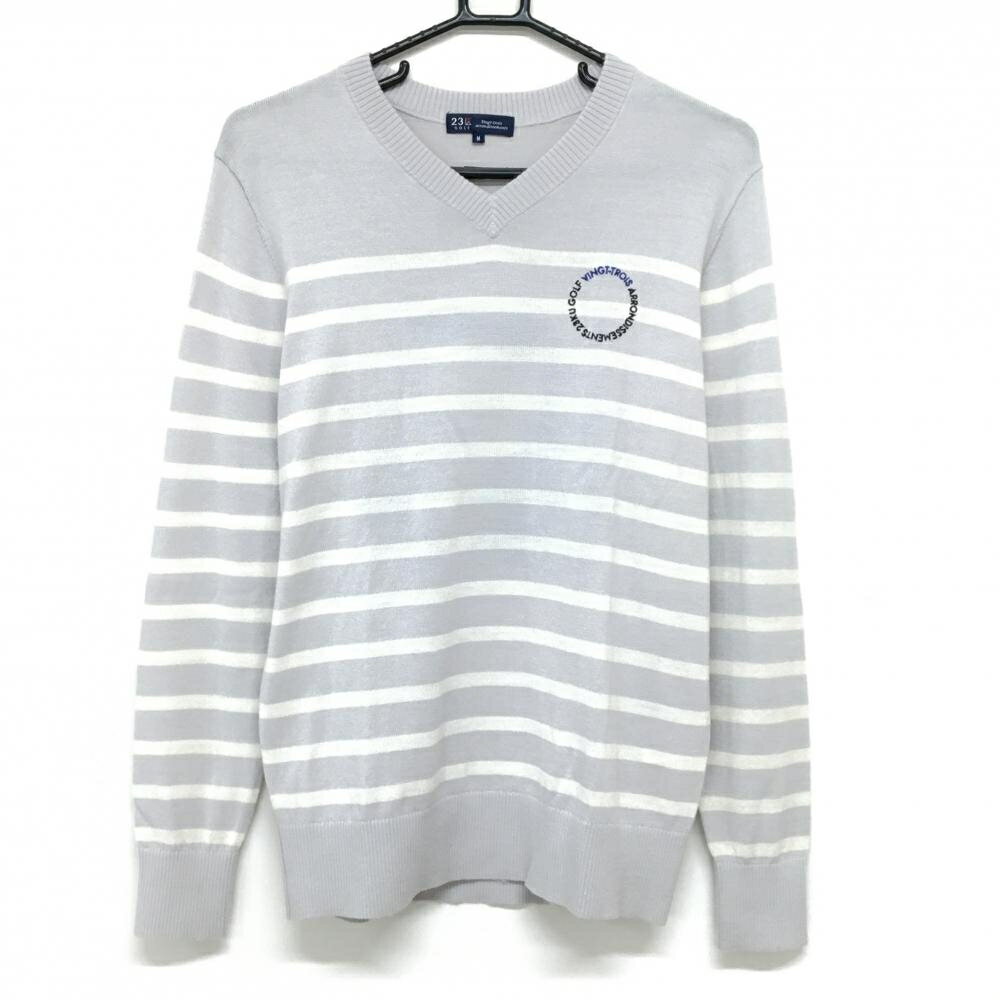 【美品】23区ゴルフ セーター グレー×白 ボーダー カート ウール混 ニット メンズ M ゴルフウェア 23区