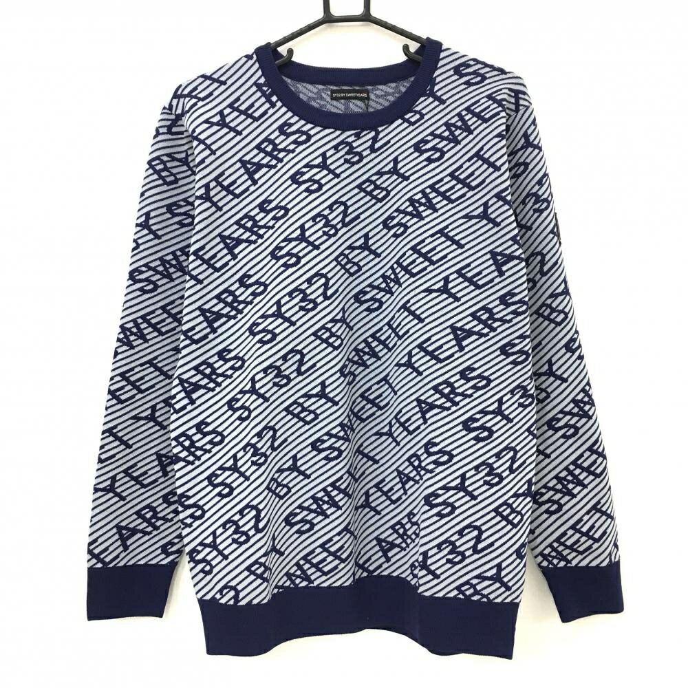 【新品】SY32 セーター ネイビー×ライトグレー ロゴ総柄 斜めボーダー ニット メンズ L ゴルフウェア 2..