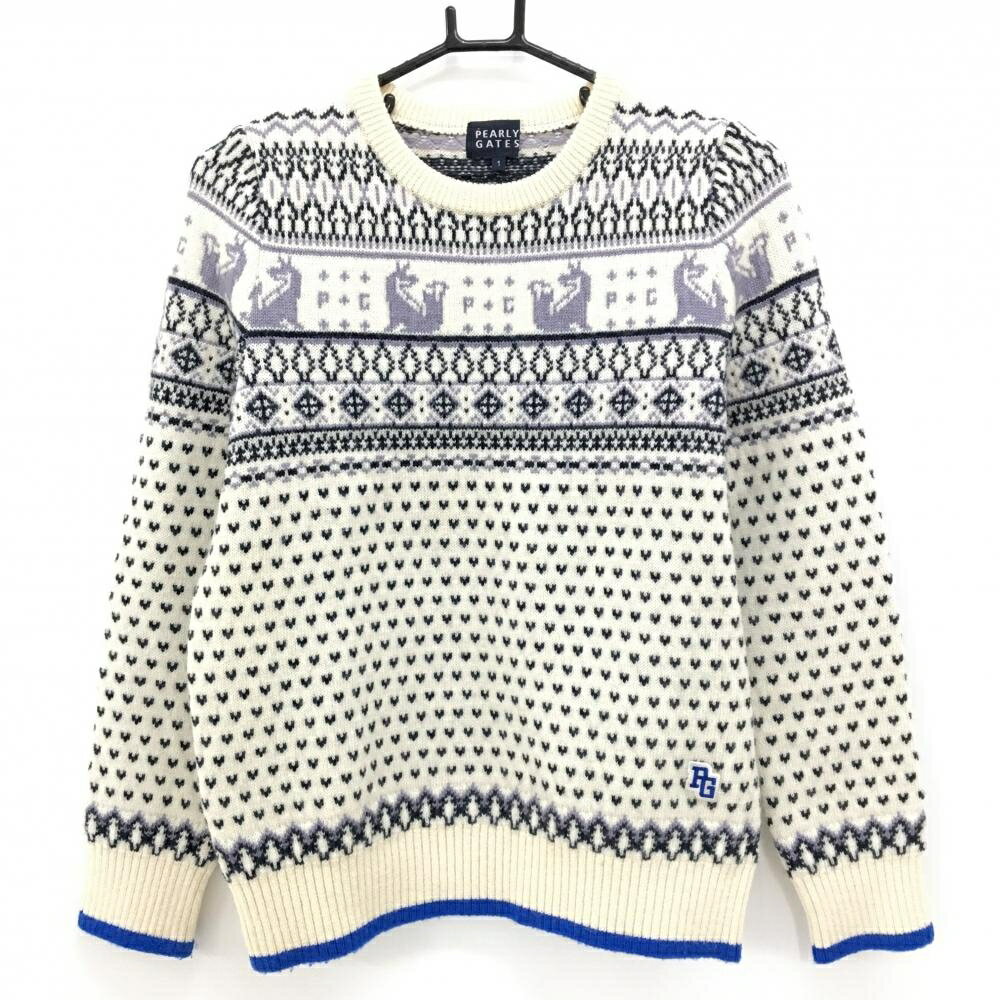 【美品】パーリーゲイツ セーター 白×ネイビー 総柄 アルパカ混 エルボーパッチ ニット レディース 1(M..