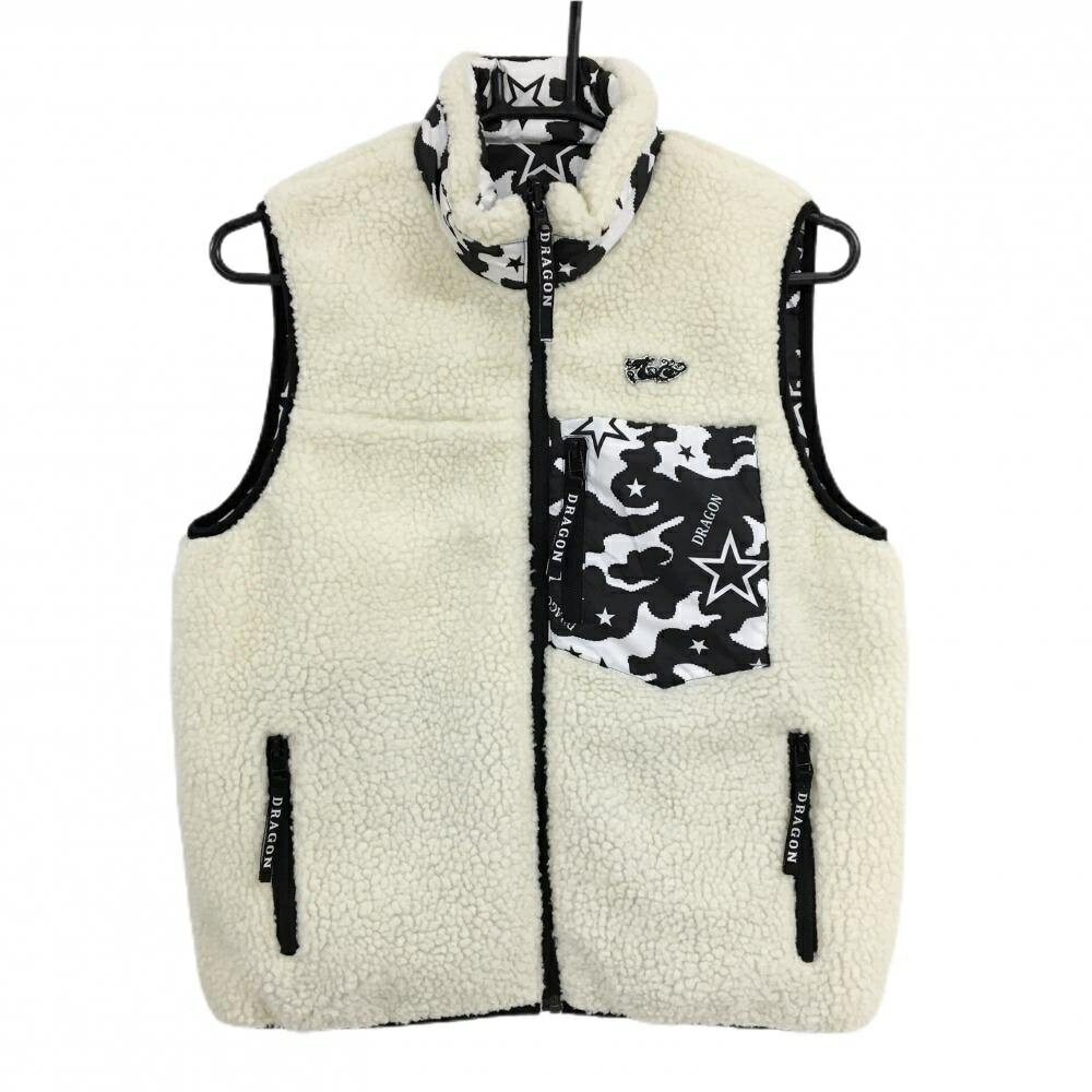 ダンスウィズドラゴン リバーシブルボアダウンベスト アイボリー×黒×白 一部星柄 レディース 2(M) ゴル..
