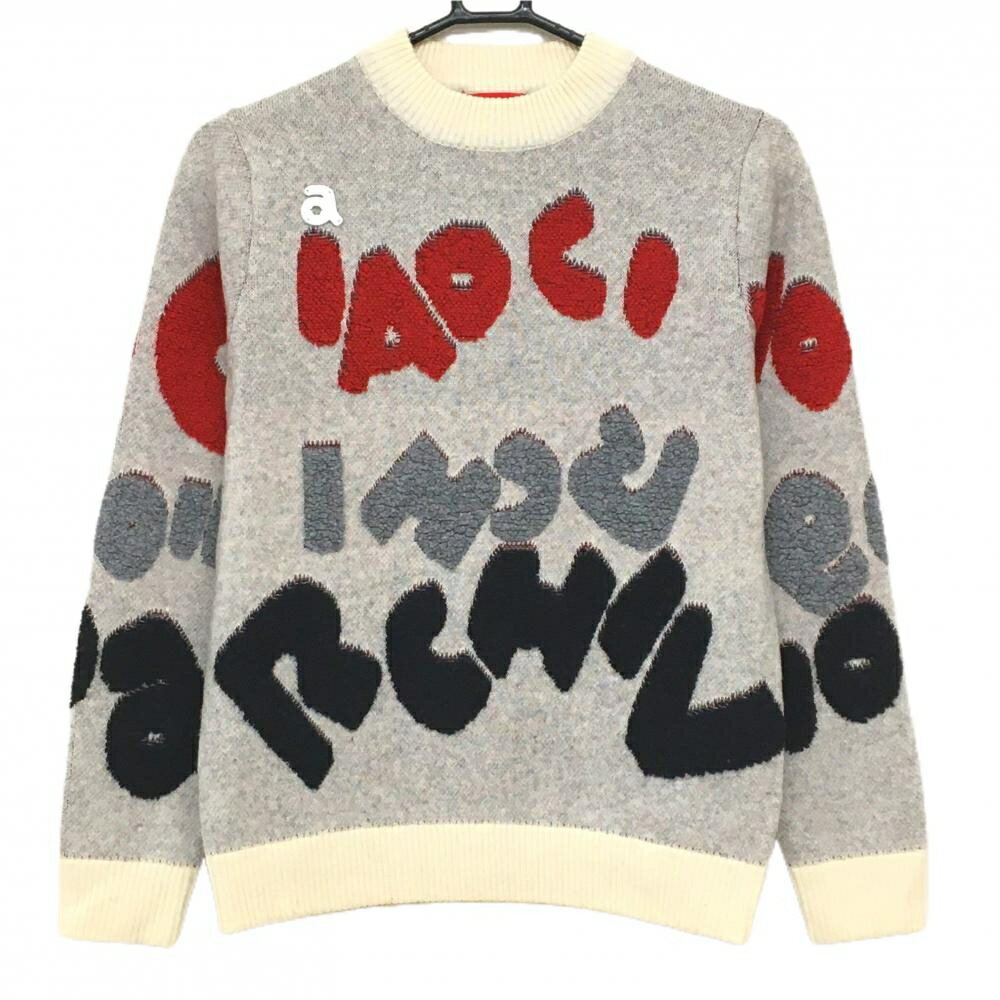 【超美品】アルチビオ セーター 白×レッド ロゴ総柄 ウール混 レディース 36(S) ゴルフウェア archivio