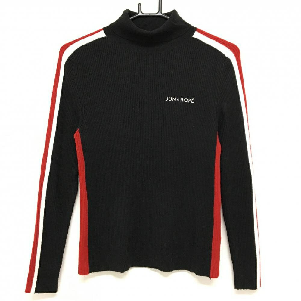 【美品】ジュンアンドロペ タートルネックセーター 黒×レッド 袖・サイドライン リブニット レディース..