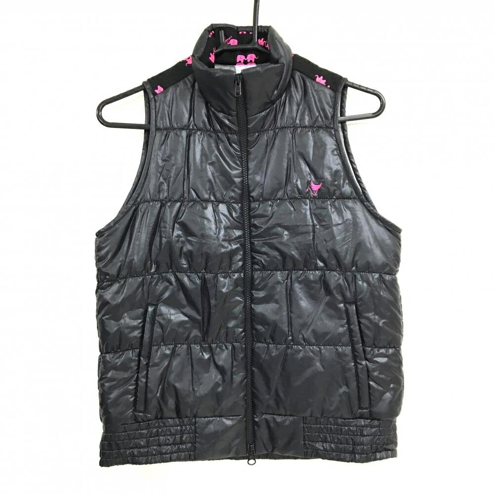 【超美品】クランク 中綿ベスト 黒×ピンク 背面上部エレファント総柄 蓄熱裏地 レディース M ゴルフウェア CLUNK
