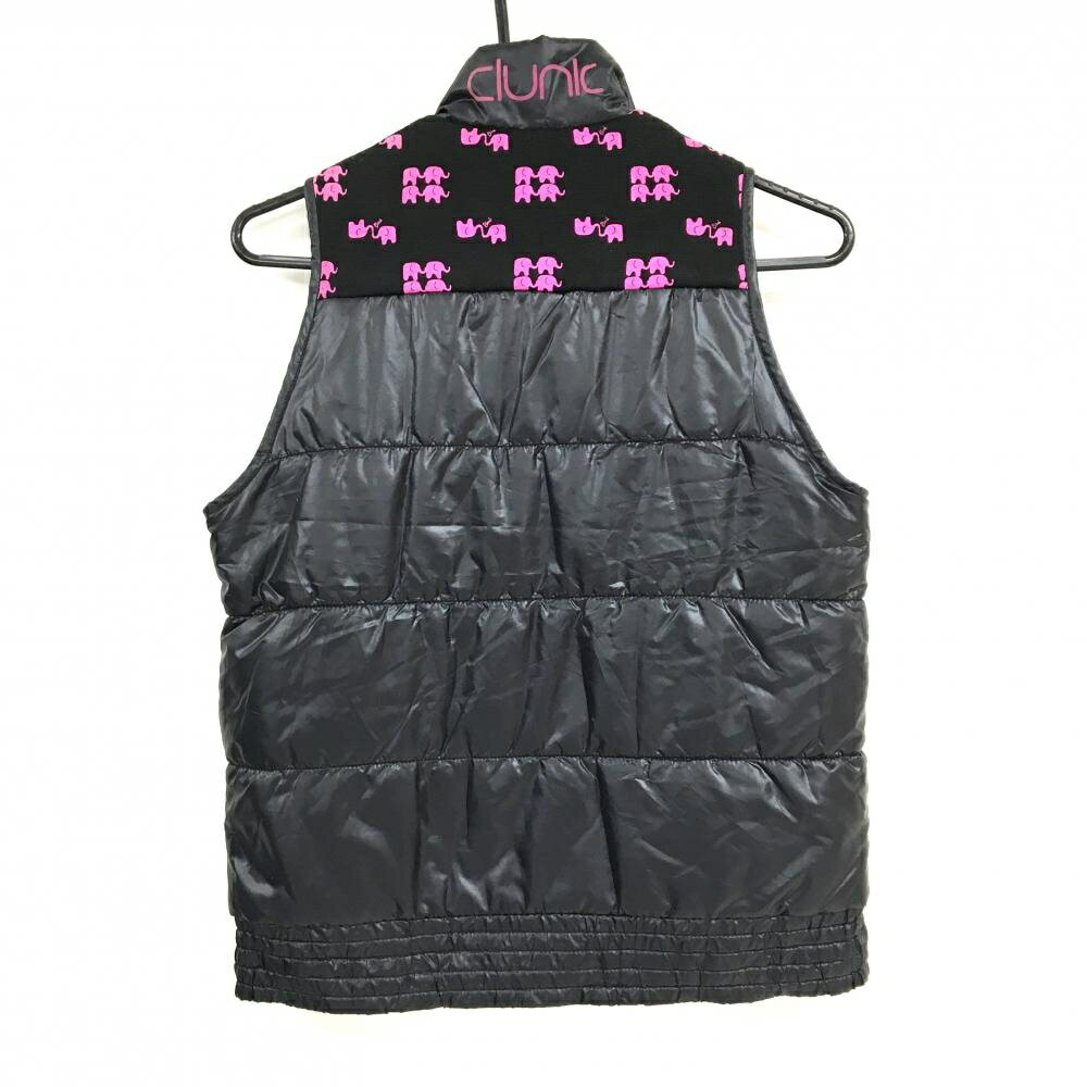 【超美品】クランク 中綿ベスト 黒×ピンク 背面上部エレファント総柄 蓄熱裏地 レディース M ゴルフウェア CLUNK