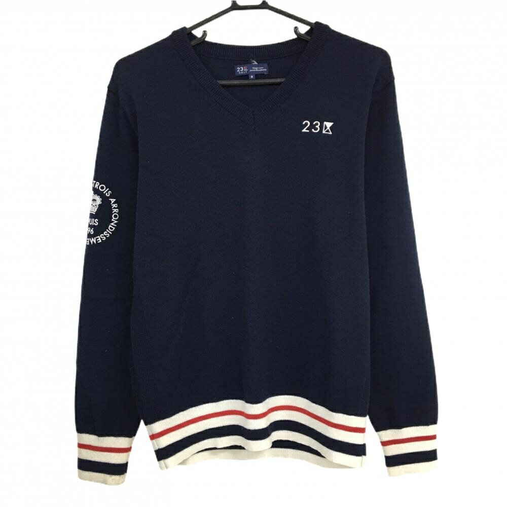 【超美品】23区ゴルフ セーター ネイビー×白 袖口裾ボーダー ウール混 ニット メンズ M ゴルフウェア 2..
