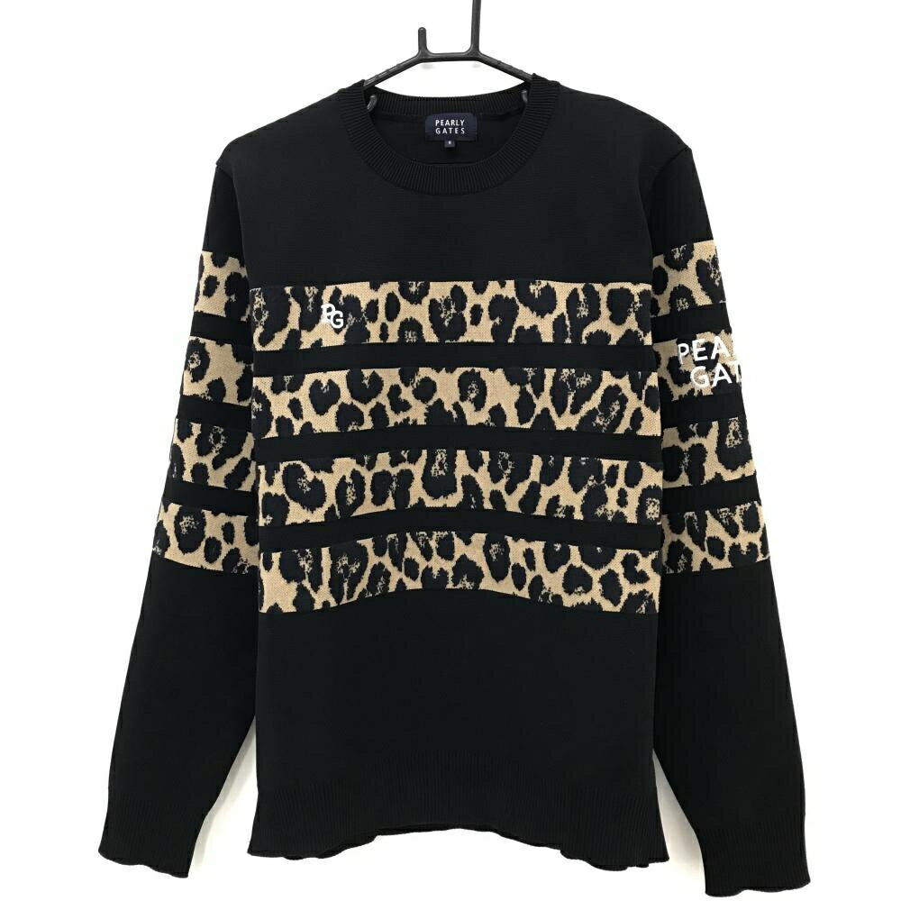 【美品】パーリーゲイツ セーター 黒×ベージュ レオパード ヒョウ柄 ニット ウール混 メンズ 6(XL) ゴ..