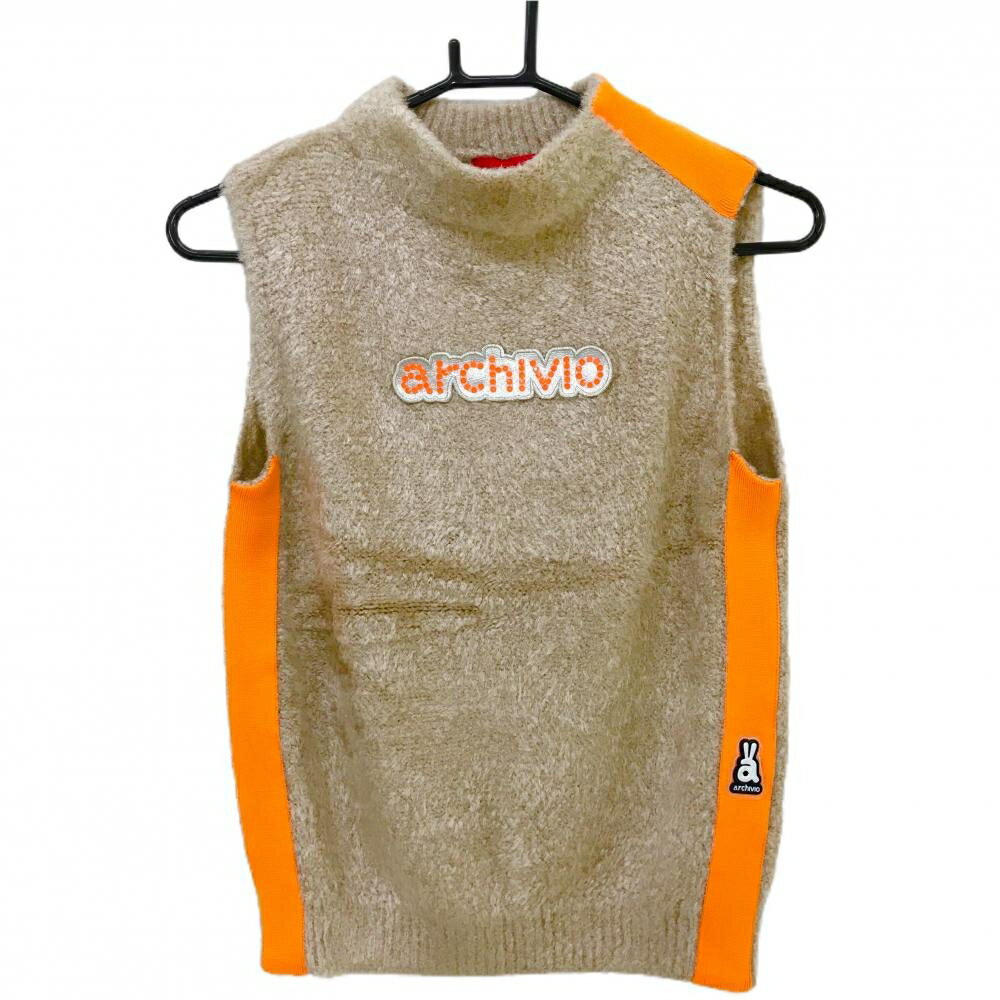 【超美品】アルチビオ ニットベスト ライトブラウン系×オレンジ サイドライン レディース 36(S) ゴルフ..