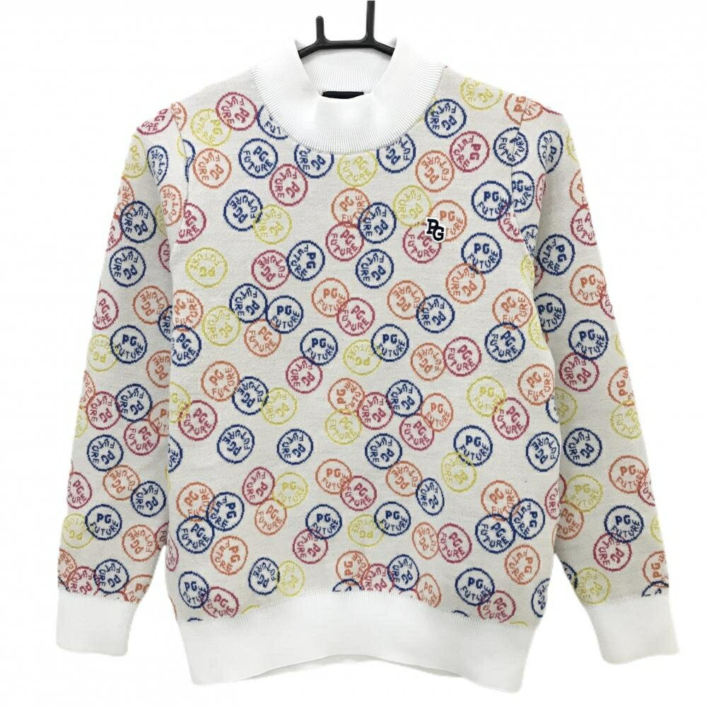 【美品】パーリーゲイツ ハイネックセーター 白×マルチカラー ロゴドット柄 ニット ウール混 レディー..