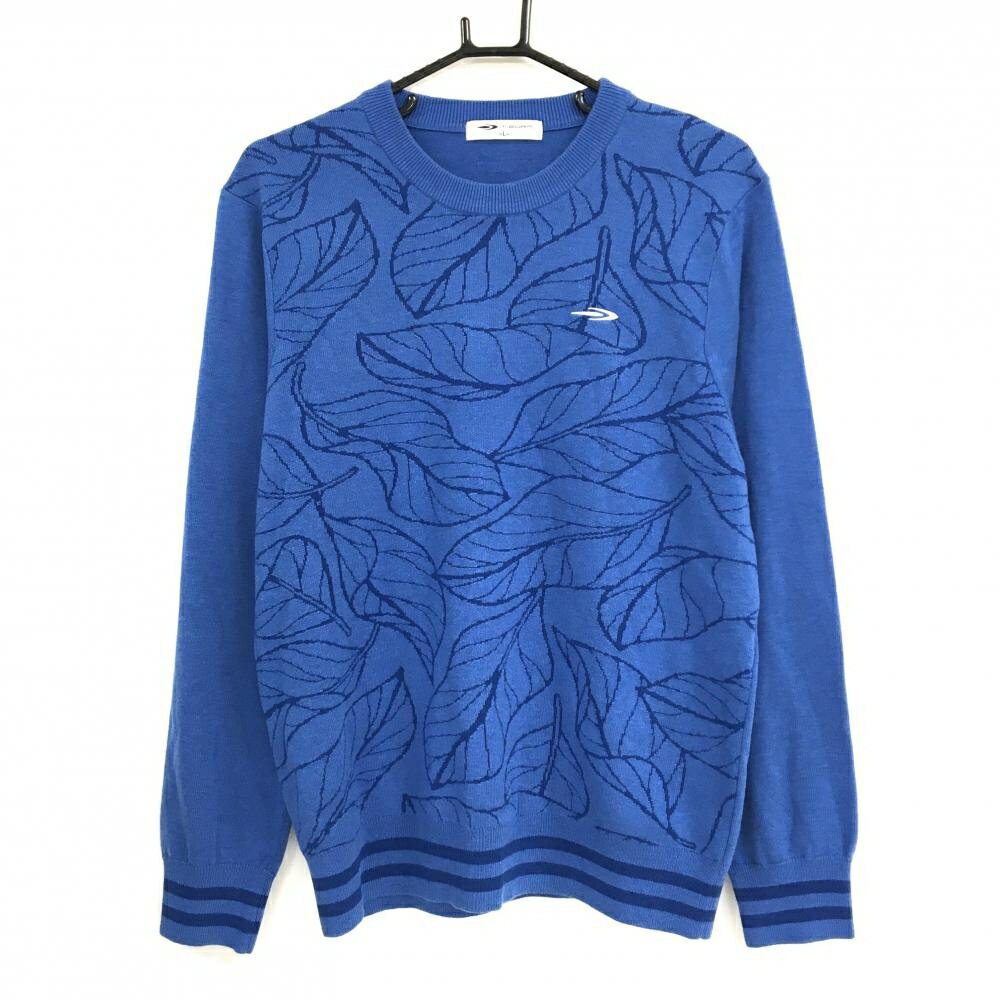 【超美品】ティゴラ セーター ブルー×ネイビー ロゴ白 リーフ柄 ニット メンズ L ゴルフウェア TIGORA