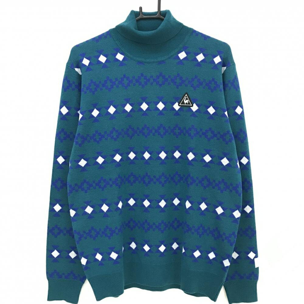 【美品】ルコックゴルフ セーター ブルーグリーン×ブルー 総柄 ロゴワッペン ニット メンズ LL ゴルフ..