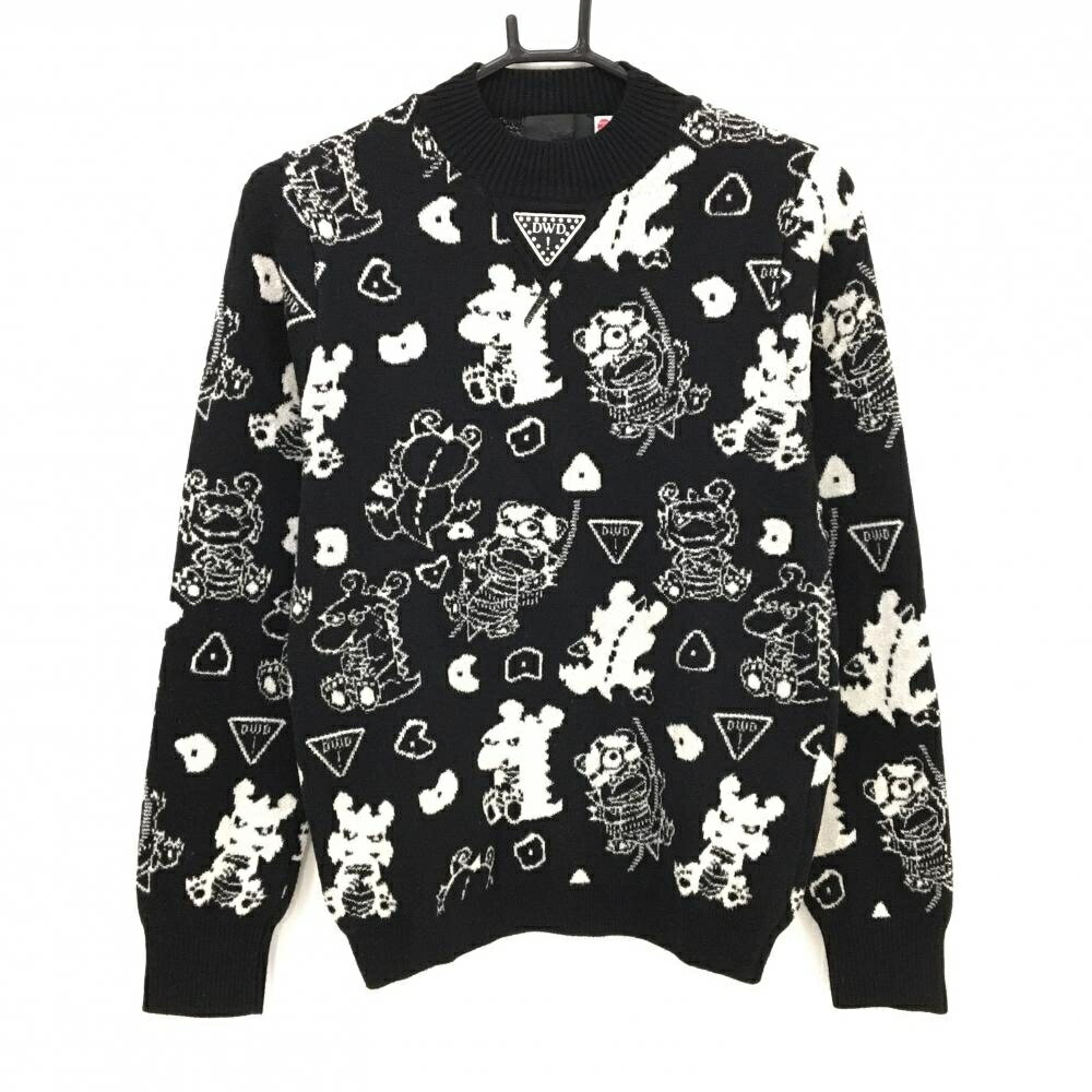 【美品】ダンスウィズドラゴン ハイネックセーター 黒×白 チビドラ総柄 ニット ウール混 レディース 2(..