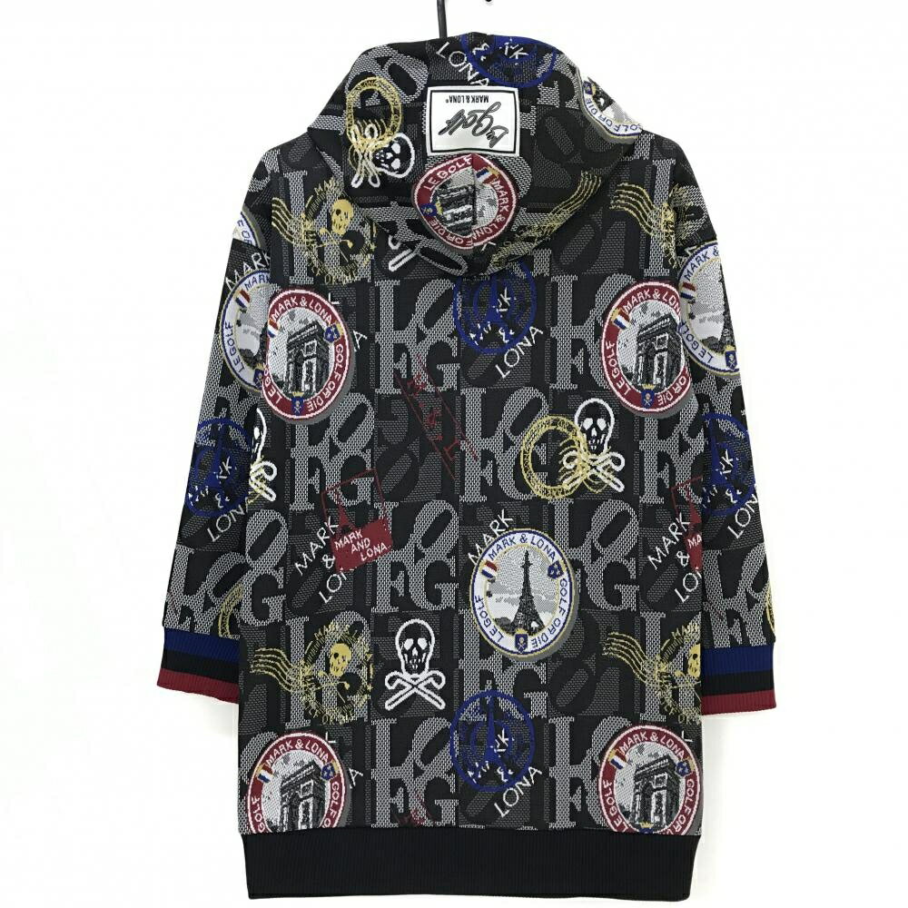 【超美品】マークアンドロナ フード付ワンピース 黒×白×レッド 英字柄 スカル チュニック レディース 36(S) ゴルフウェア MARK＆LONA