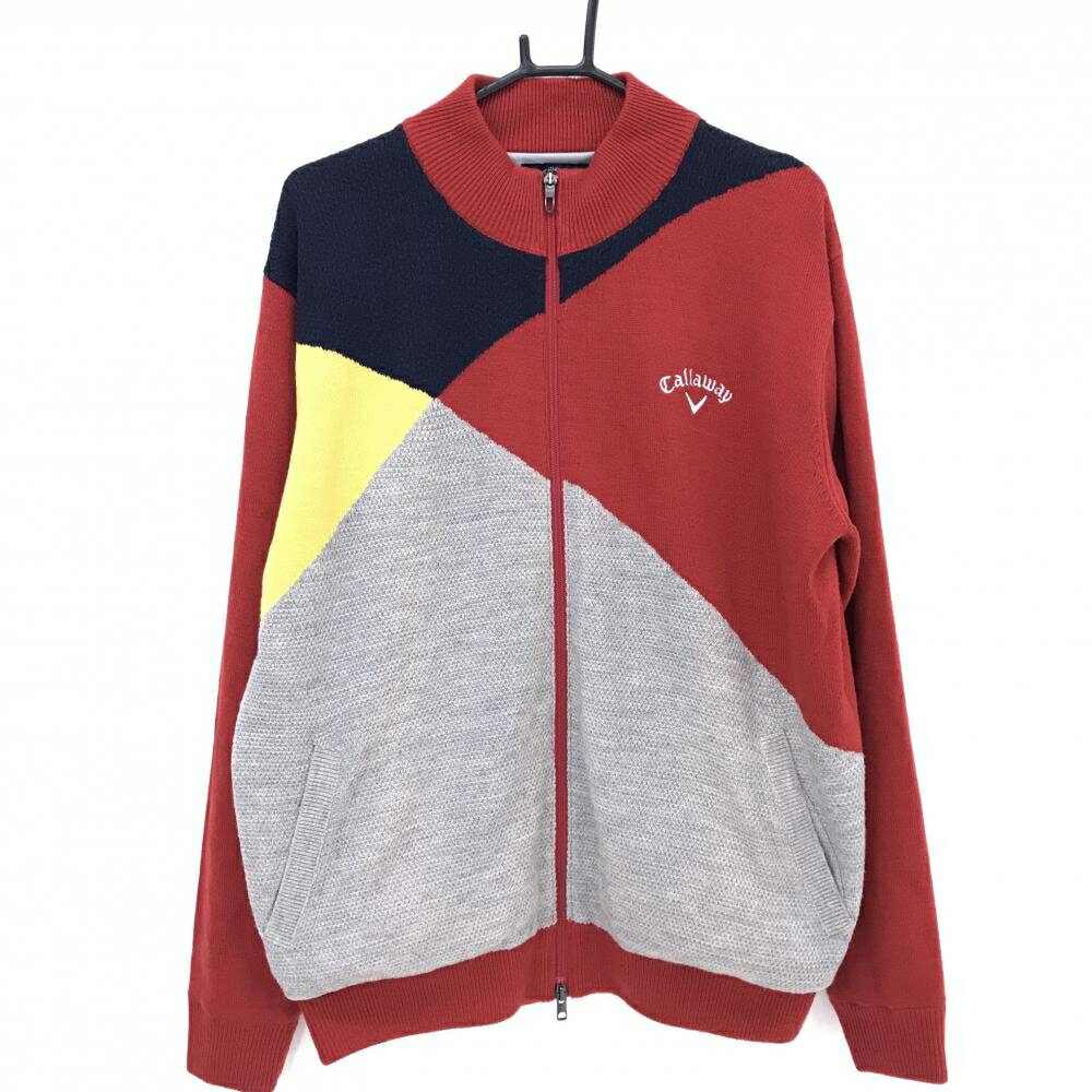 【美品】キャロウェイ ニットジャケット レッド×グレー 裏地付き ウール混 メンズ 3L ゴルフウェア 大きいサイズ Callaway