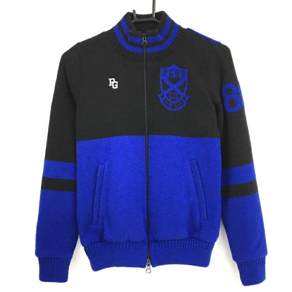 【美品】パーリーゲイツ ニットジャケット 黒×ブルー ダブルジップ 裏地付き ウール混 レディース 0(S) ゴルフウェア PEARLY GATES