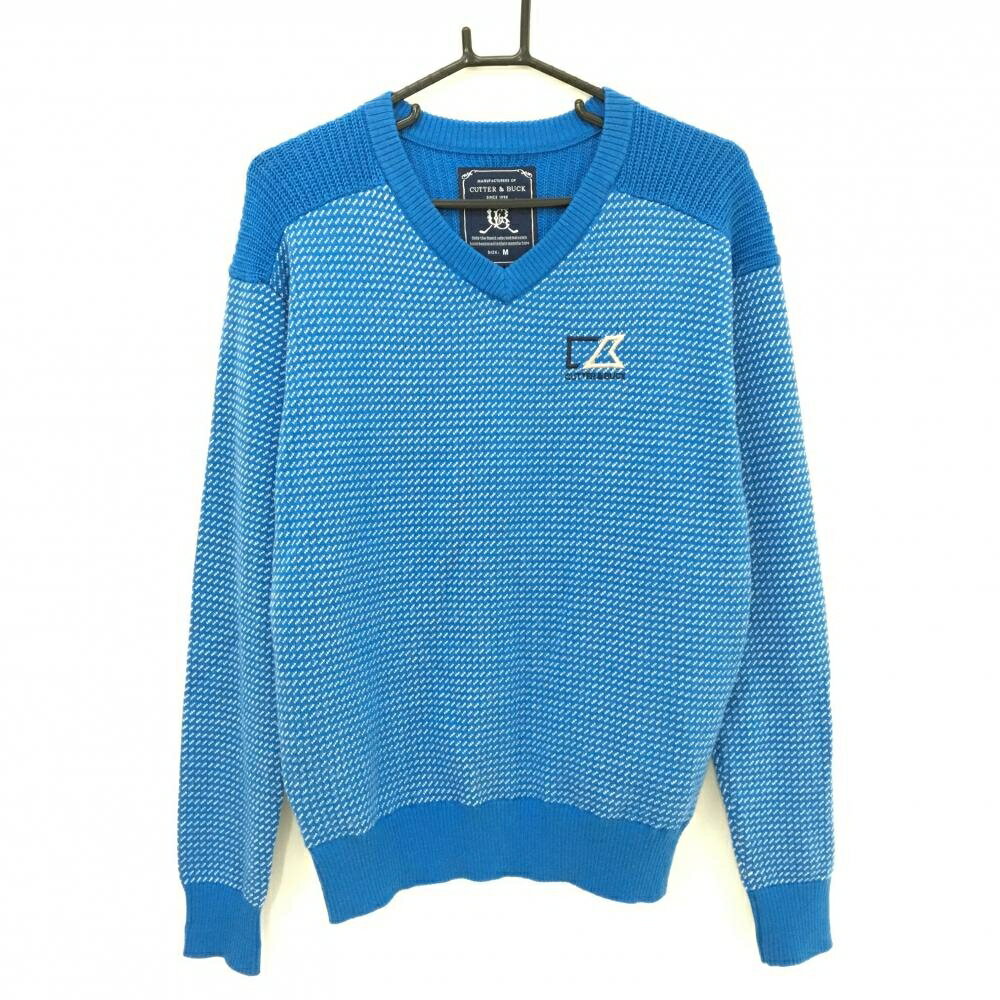 【美品】カッターアンドバック セーター ブルー×白 総柄編み ニット ウール混 Vネック メンズ M ゴルフ..