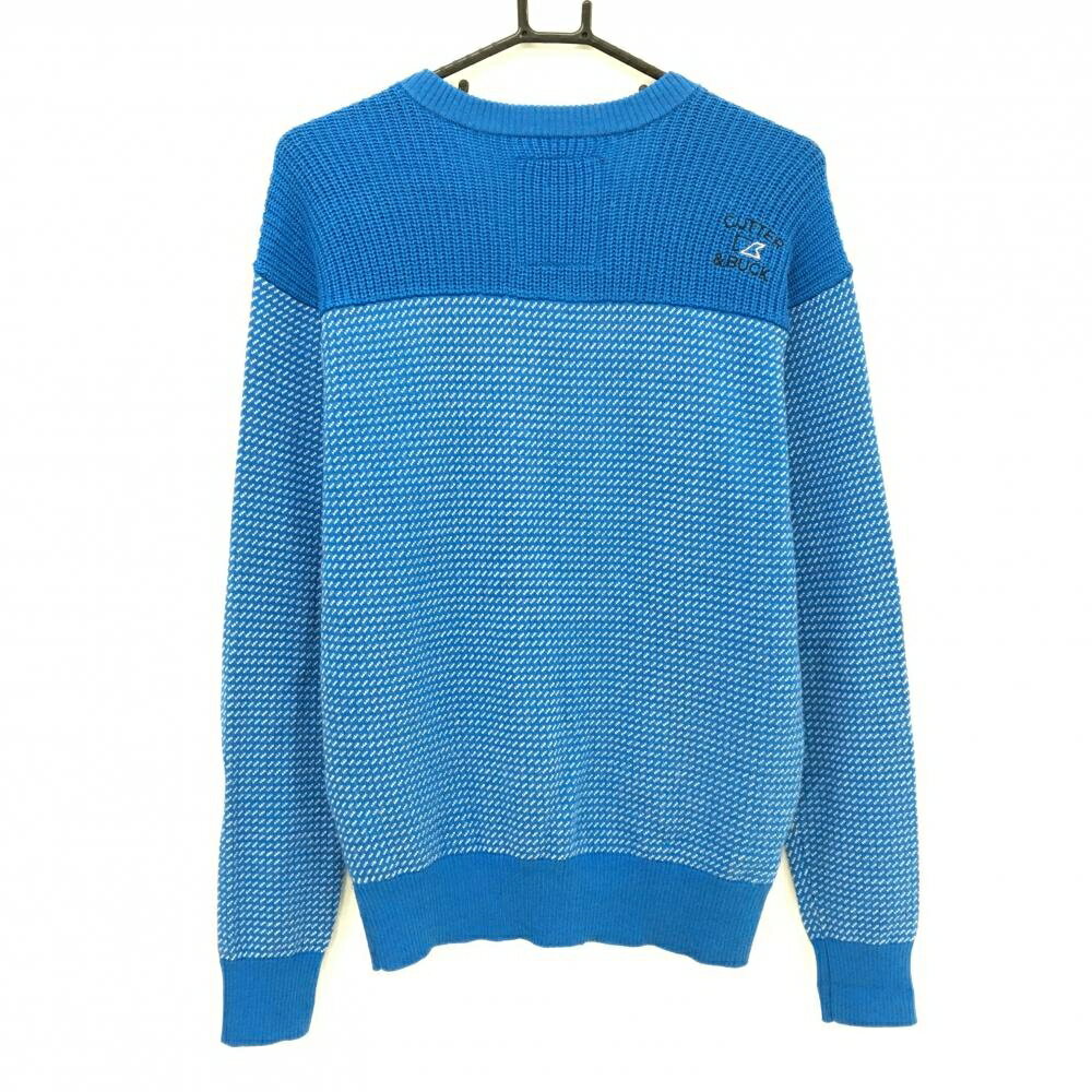 【美品】カッターアンドバック セーター ブルー×白 総柄編み ニット ウール混 Vネック メンズ M ゴルフウェア CUTTER＆BUCK