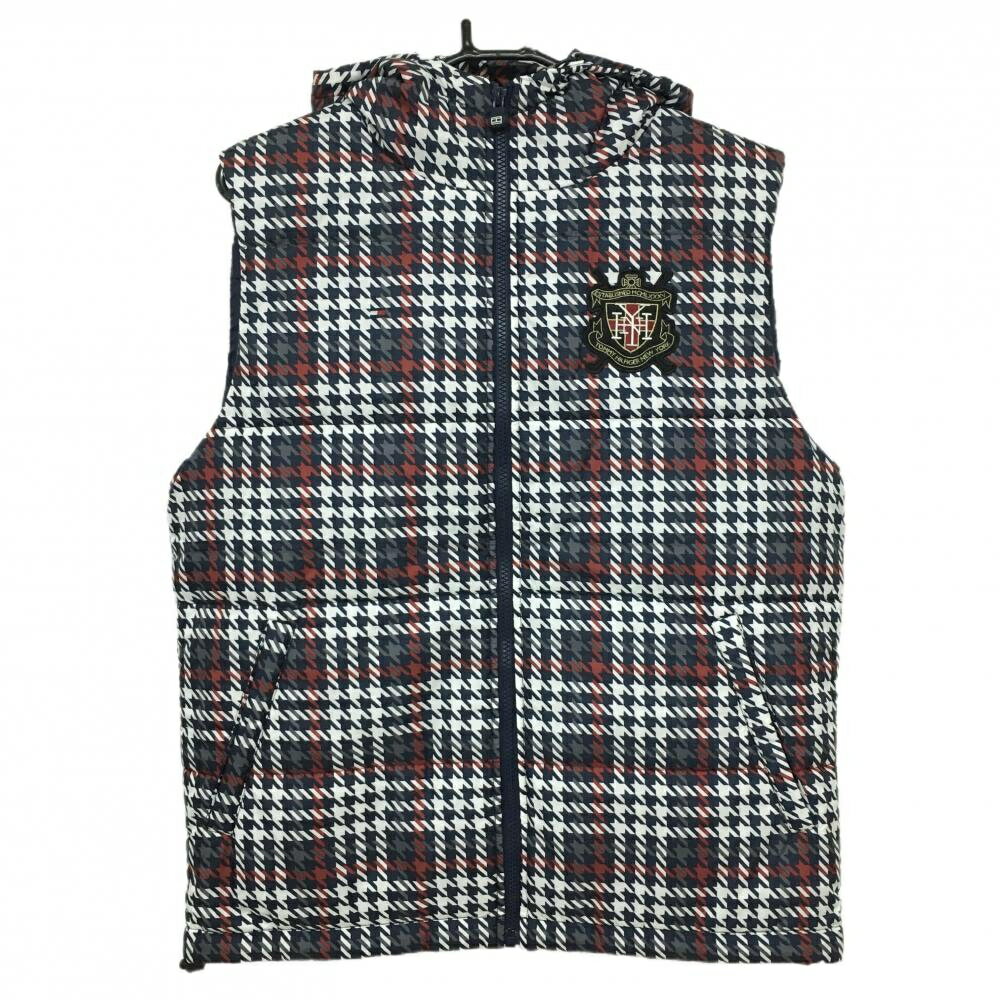 【美品】トミーヒルフィガー 中綿ベスト ネイビー×白 千鳥格子 フード付き 胸元ワッペン メンズ L ゴル..