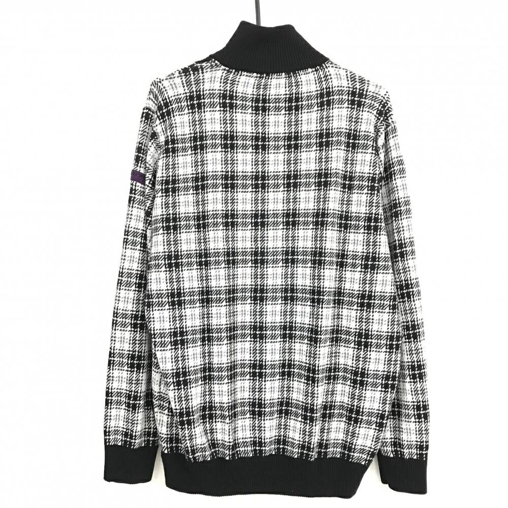 【美品】ジュンアンドロペ ハイネックセーター 白×黒 チェック ニット ウール混 ハーフジップ メンズ L ゴルフウェア JUN＆ROPE