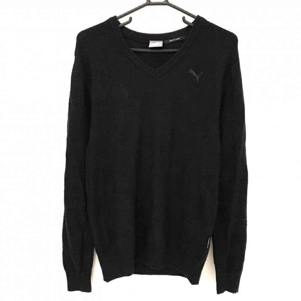 【美品】プーマ セーター 黒 総柄編み ニット ウール混 Vネック メンズ L ゴルフウェア PUMA