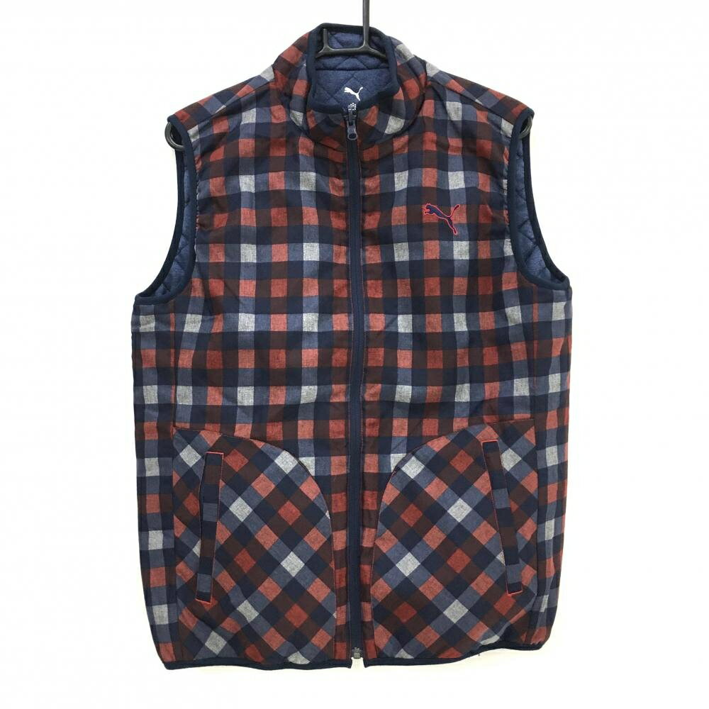 【美品】プーマ 中綿リバーシブルベスト レッド×ネイビー ブロックチェック 片面キルティング メンズ XL ゴルフウェア PUMA