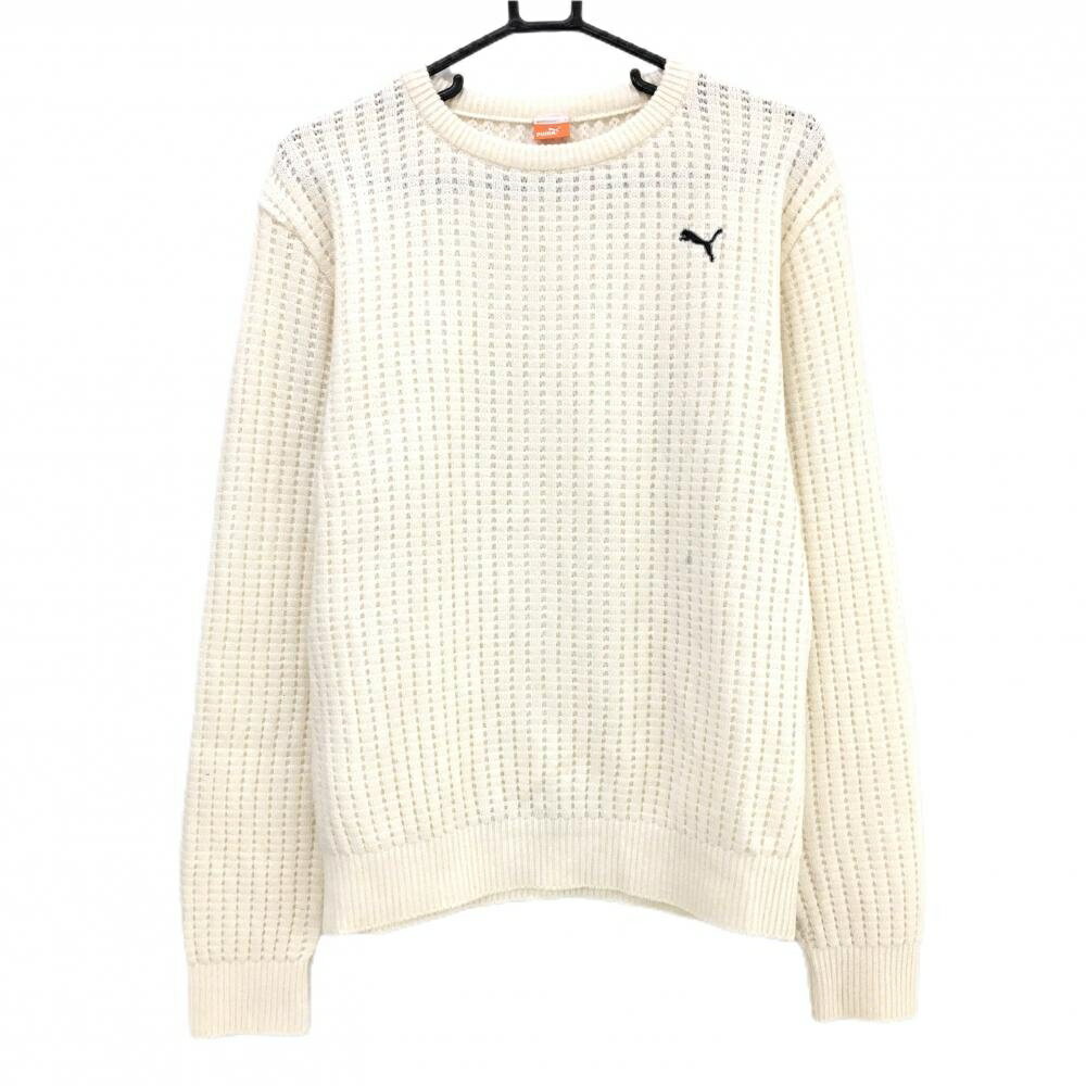 【美品】プーマ セーター アイボリー×白 凹凸編み ニット ウール混 後ろ袖異素材 メンズ L ゴルフウェ..