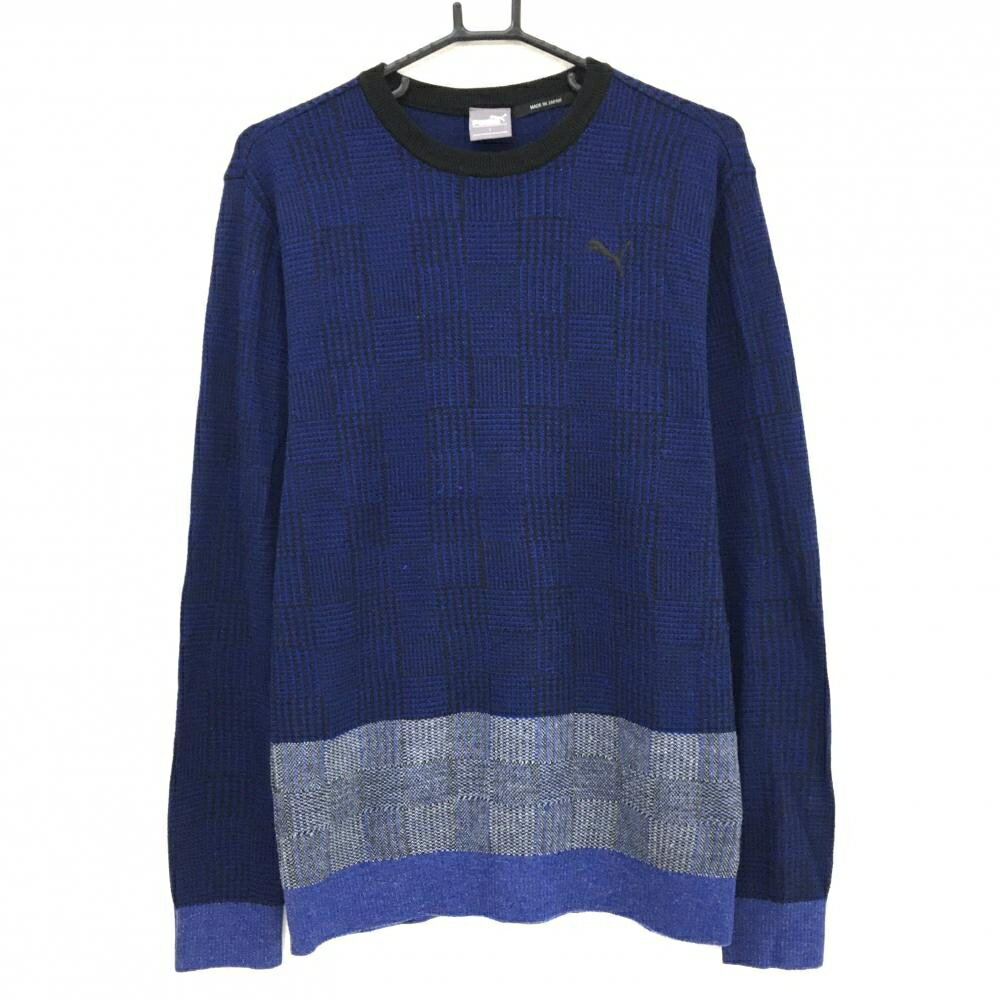 プーマ セーター ブルー×黒 グレンチェック調 ニット ウール混 メンズ L ゴルフウェア PUMA