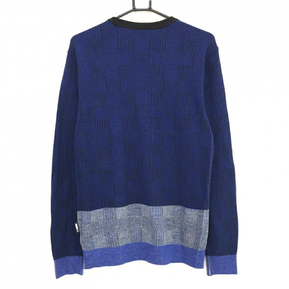 プーマ セーター ブルー×黒 グレンチェック調 ニット ウール混 メンズ L ゴルフウェア PUMA