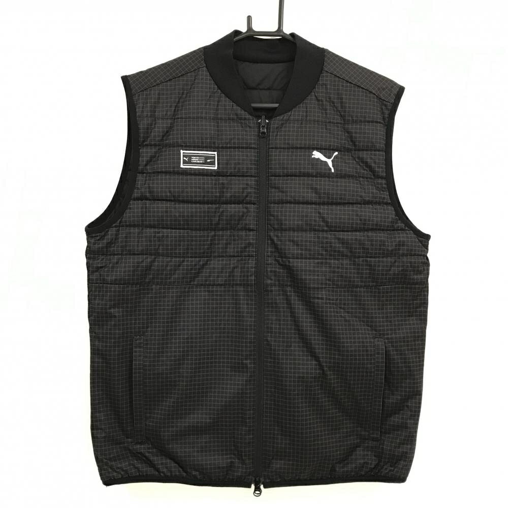 【超美品】プーマ 中綿リバーシブルベスト 黒×グレー 格子柄 裏無地 ロゴ白 メンズ L ゴルフウェア PUMA