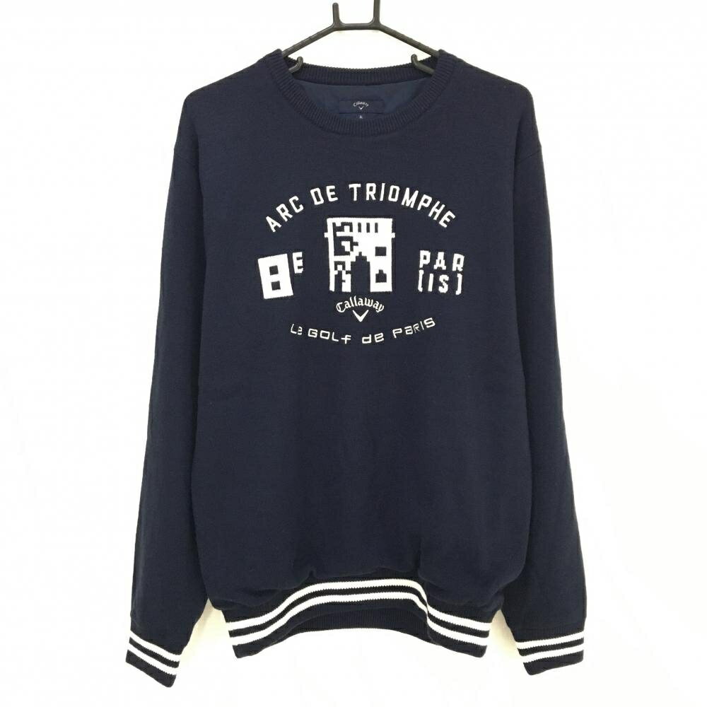 【美品】キャロウェイ セーター ネイビー×白 裏地付き 袖口2ライン ウール混 メンズ 3L ゴルフウェア ..