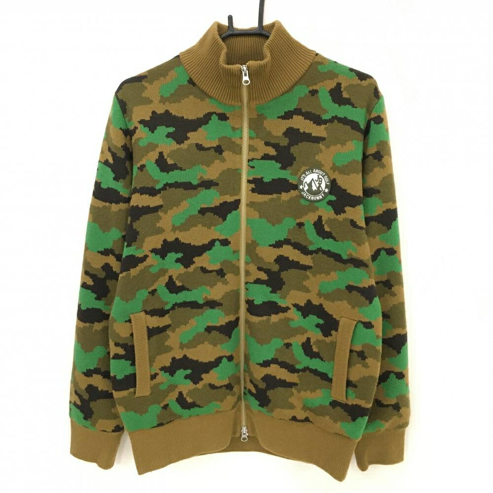 【美品】ジャックバニー ニットジャケット ブラウン×グリーン カモフラ柄 迷彩 裏地付き メンズ 5(L) ゴルフウェア Jack Bunny