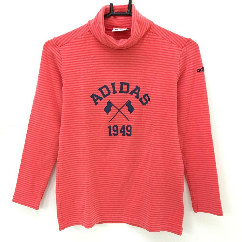 ADIDAS - 【超美品】アディダス 長袖ハイネックシャツ レッド系 ボーダー ロゴネイビー 裏起毛 レディース M/M ゴルフウェア adidas