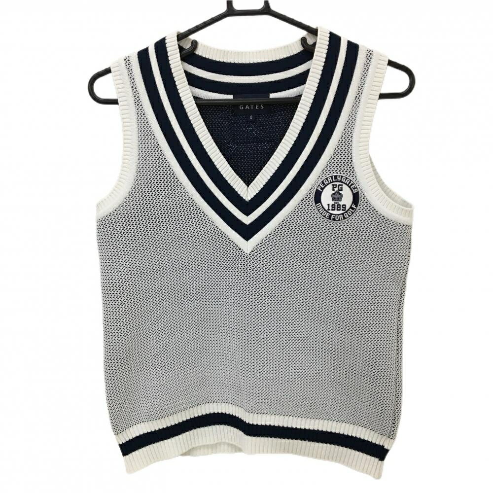 【美品】パーリーゲイツ ニットベスト 白×ネイビー Vネック レディース 0(S) ゴル...