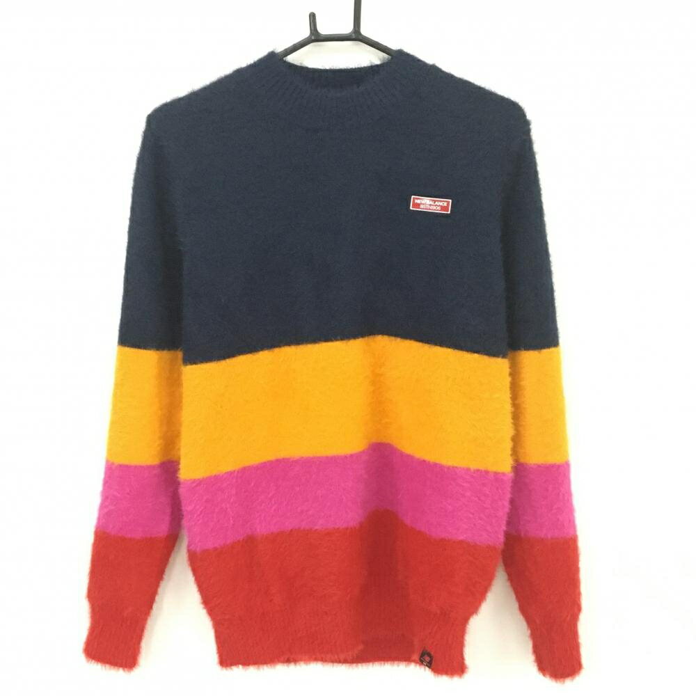 【超美品】ニューバランスゴルフ ハイネックセーター ネイビー×オレンジ シャギーニット 胸ロゴ レディース L ゴルフウェア New Balance