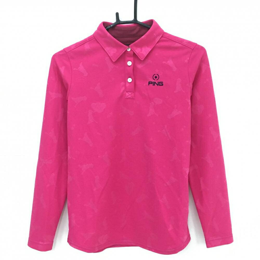 【超美品】ピン 長袖ポロシャツ ピンク 総柄地模様 胸ロゴ レディース S ゴルフウェア PING