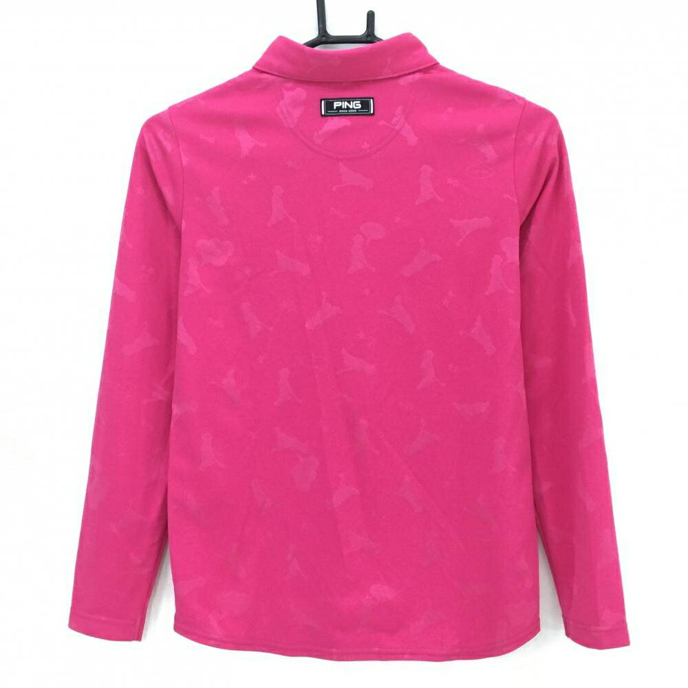 【超美品】ピン 長袖ポロシャツ ピンク 総柄地模様 胸ロゴ レディース S ゴルフウェア PING