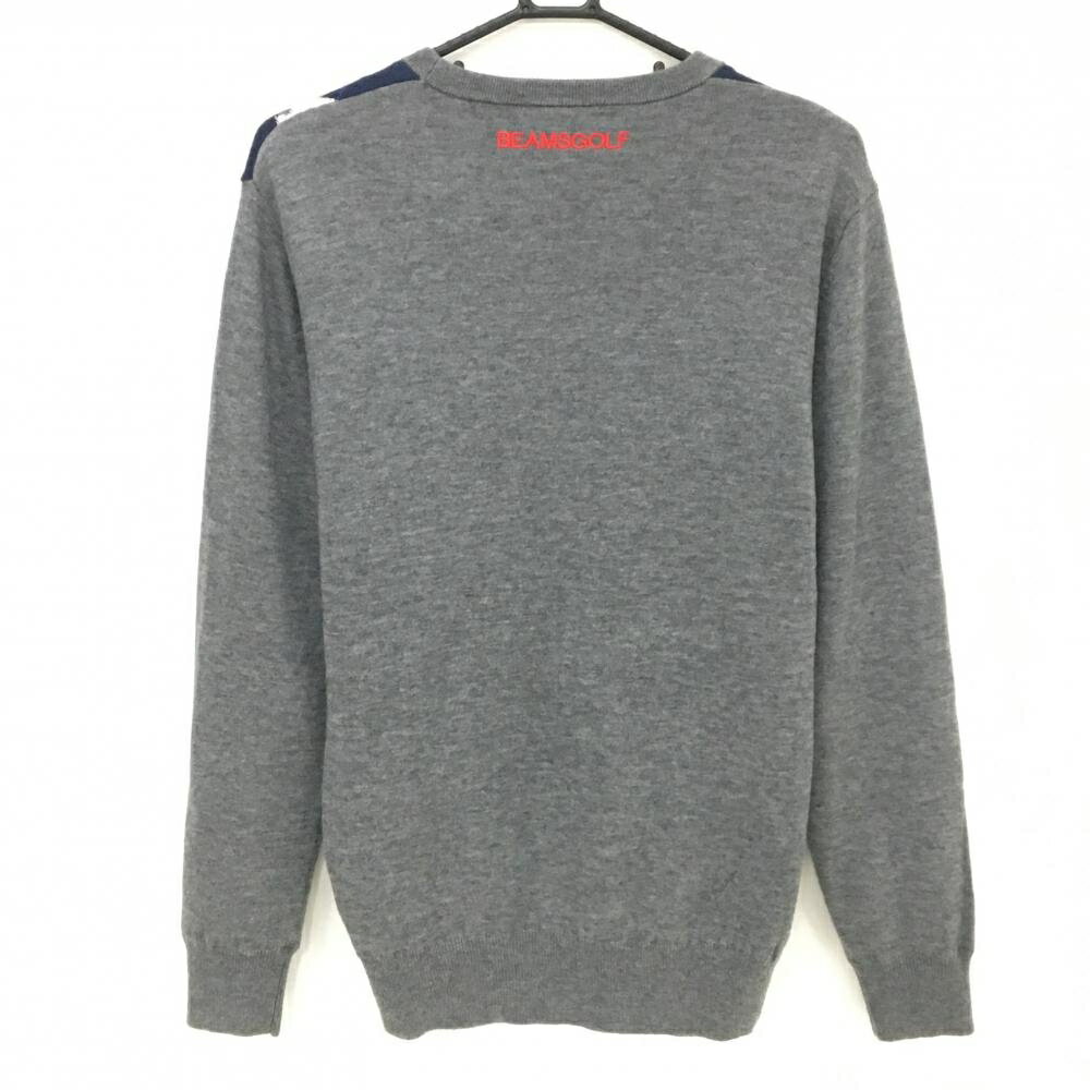 ビームスゴルフ セーター グレー×ネイビー 前面アーガイル 裏地付 ウール混 ニット メンズ L ゴルフウェア BEAMS GOLF