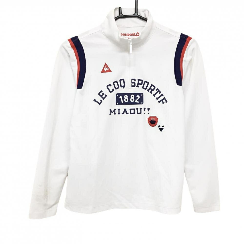 ルコックゴルフ 長袖ハイネックシャツ　白×ネイビー ハーフジップ フロントロゴ レディース L ゴルフウェア le coq sportif