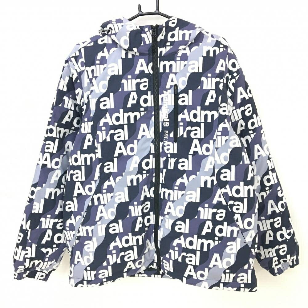 【美品】アドミラル フード付き中綿ジャケット ネイビー×白 英字ロゴ総柄 ファスナー横プリント メンズ LL ゴルフウェア Admiral