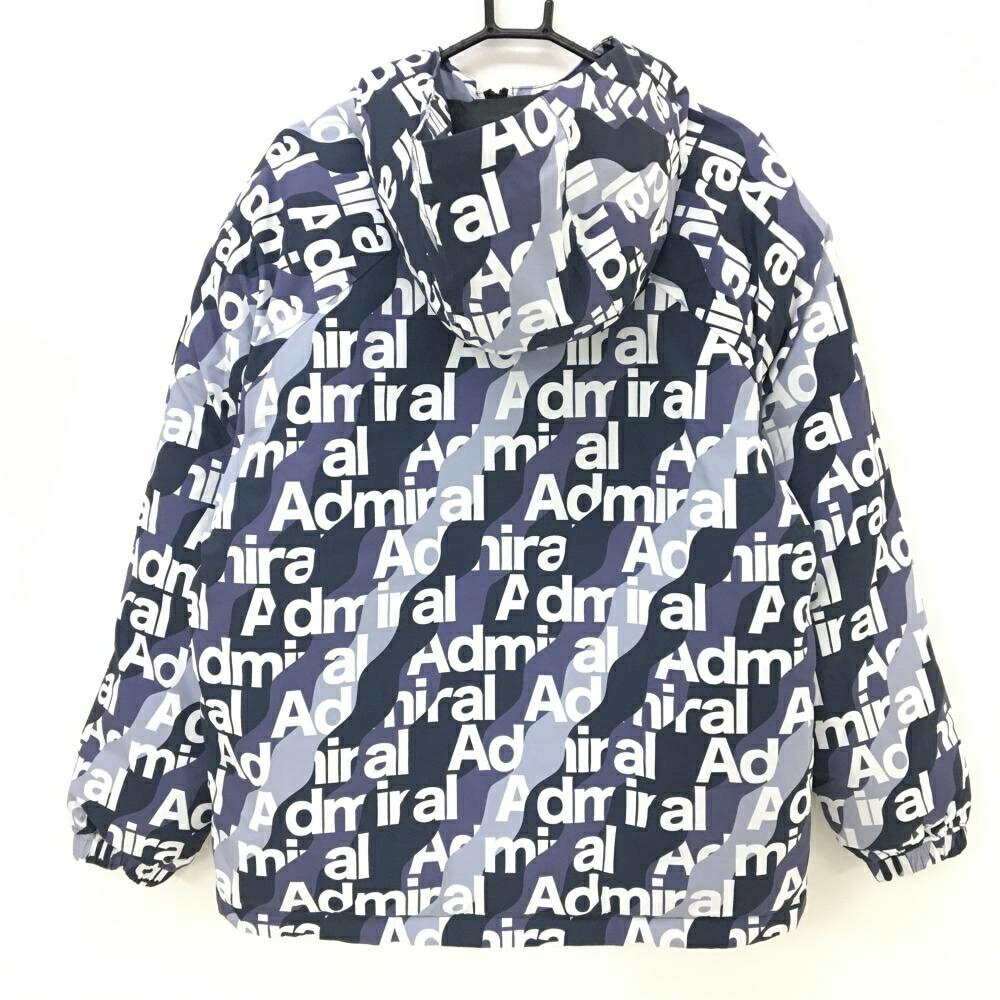 【美品】アドミラル フード付き中綿ジャケット ネイビー×白 英字ロゴ総柄 ファスナー横プリント メンズ LL ゴルフウェア Admiral